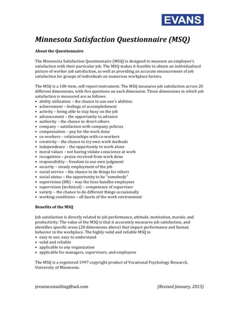msq questionnaire|minnesota satisfaction questionnaire short form.
